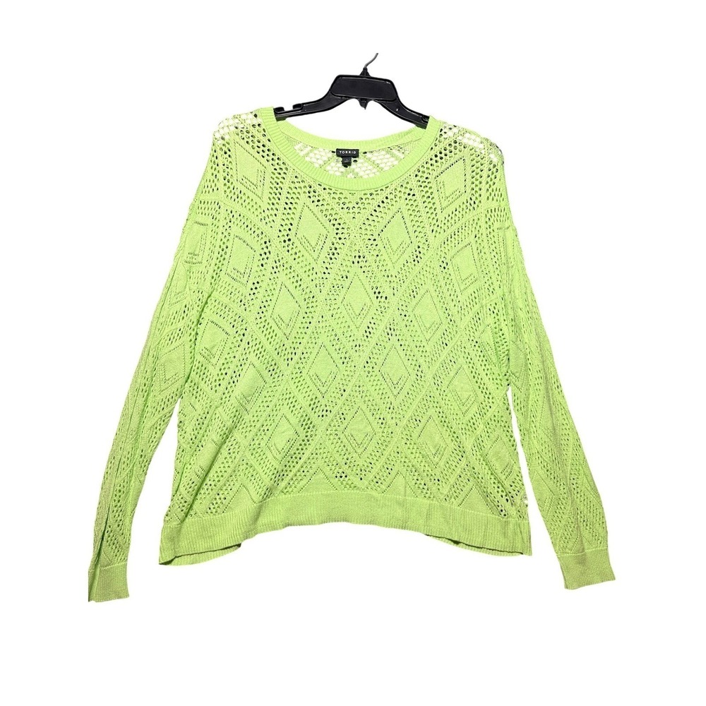 Torrid Pointelle Knit Sweater Women 1 Green Neon Crochet Diamond Long Sleeve